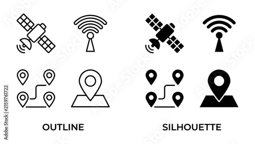 Navigation and Communication Icons: A set of graphic icons illustrating both outline and silhouette styles for satellite, wireless signal, and map pin markers.