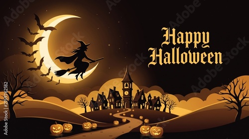 A festive happy halloween illustration featuring a flying witch silhouette against a glowing crescent moon and spooky castle