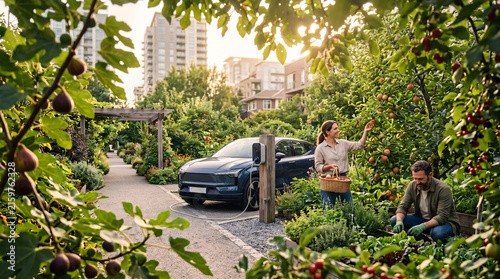 A couple harvesting fresh fruit in an urban community garden with an electric car charging nearby.