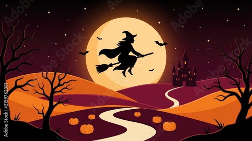 Silhouette of a witch flying on a broomstick against a large full moon for a spooky halloween background
