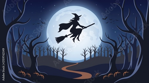 A silhouette of a witch flying on a broomstick against a full moon for a spooky halloween background