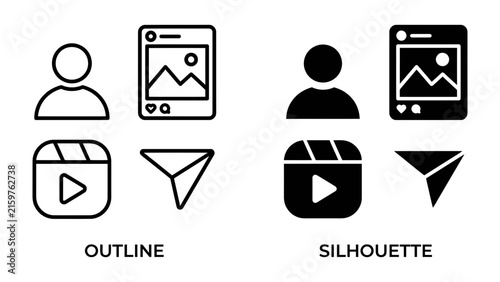 Social Media Icons: A collection of outline and silhouette icons representing popular social media platform features, including user profiles, image posts, short-form video, and direct messaging.