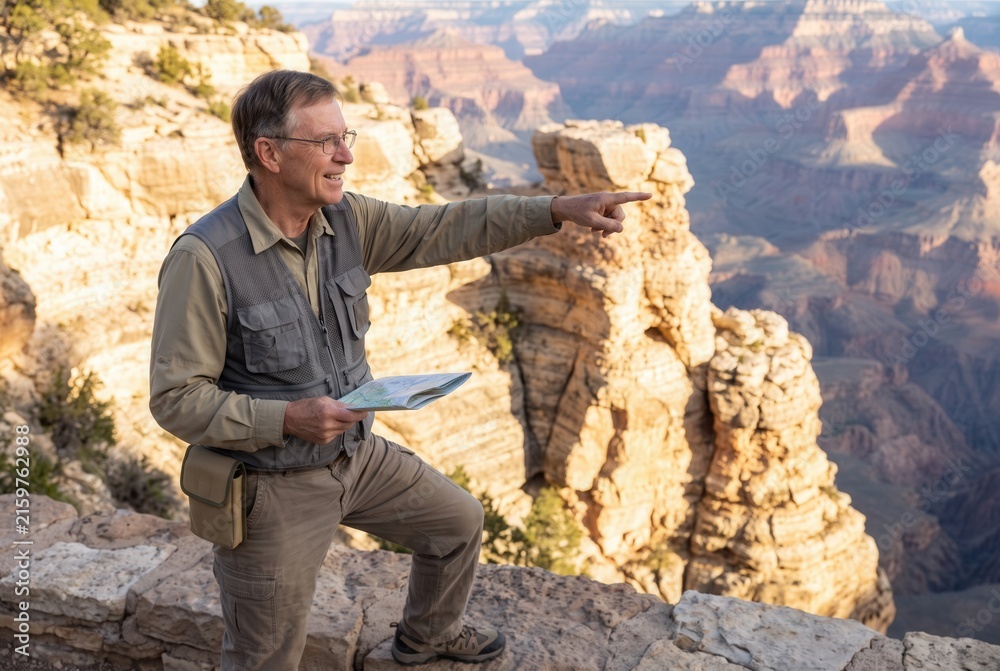 Fototapeta premium Senior man exploring grand canyon, holding map and pointing at the vast landscape
