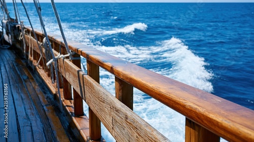 Classic sailing ship starboard view with white wake on blue ocean, bright daylight, deep depth, serene seascape