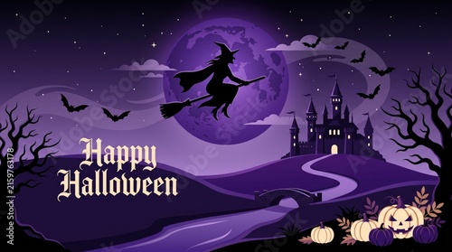 A spooky happy halloween background featuring a witch flying past a full moon and a haunted castle