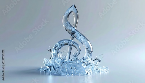 Clear glass treble clef note splashing into water.