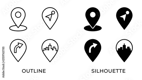 фотографія Map Pin Icons: A collection of stylized map pin icons, presented in both outline and silhouette styles, representing location, navigation, and urban destinations