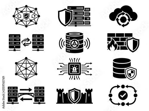 Cuadro en lienzo Cybersecurity icon set with 12 black vector symbols