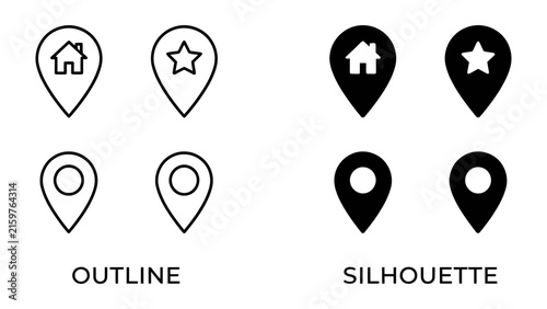 Location Pin Icons: A set of four location pin icons presented in both outline and silhouette styles, featuring home, star, and generic map marker designs.