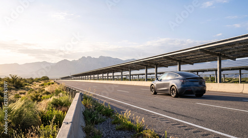 Modern electric vehicle driving on a highway under solar panel structures in a desert landscape.