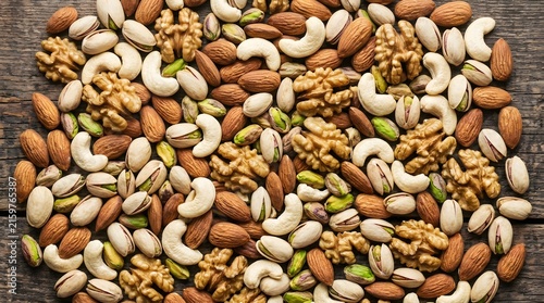 Assortment of mixed raw nuts in close-up texture for healthy snack food background