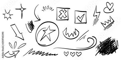 Hand drawn set of doodle emphasis elements. sparkling, flash, star, love, arrow. isolated on white background. vector illustration