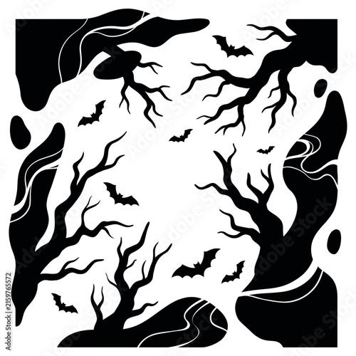 Spooky Woods Canopy and Flying Bats Frame Vector Graphic in Black and White