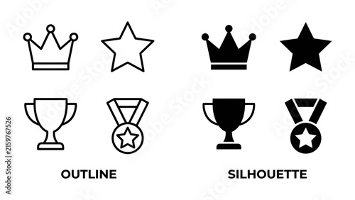 Foto Award Icons: A collection of outline and silhouette icons representing awards, including a crown, star, trophy, and medal, symbolizing achievement and recognition