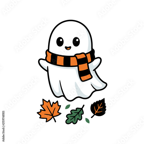 Cute cartoon ghost wearing an orange and black striped scarf surrounded by colorful autumn fall leaves