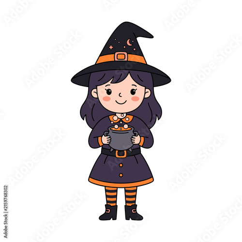 Cute cartoon witch girl holding a magical bubbling cauldron for a fun halloween celebration vector illustration