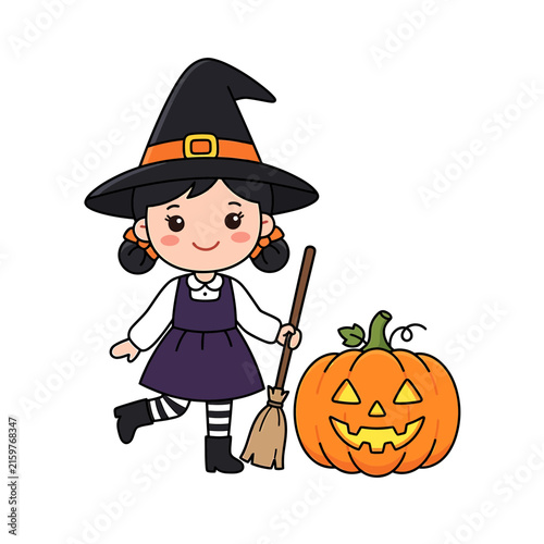Cute cartoon little witch girl wearing a black hat holding a broomstick next to a carved jack o lantern