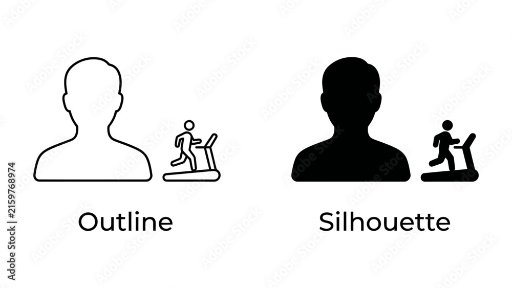Fototapeta premium Running Icon: A simple graphic representation showing both an outline and a silhouette of a person running on a treadmill, symbolizing exercise and fitness.