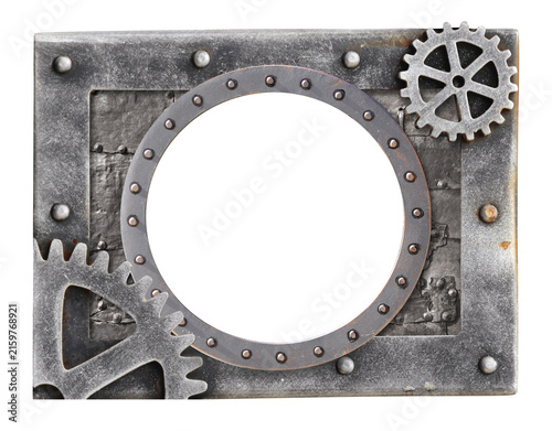 Steampunk industrial mechanical mockup template with metallic frame. Metallic frame with vintage metal detail, gear, retro rivets. Copy space. Isolated on white. Vintage industrial frame mockup design