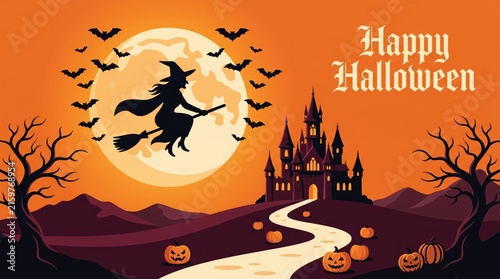 A spooky halloween background featuring a witch flying on a broomstick past a full moon and castle