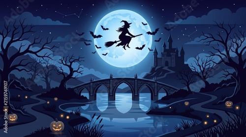 A spooky halloween night scene featuring a witch flying on a broomstick past a full moon over water