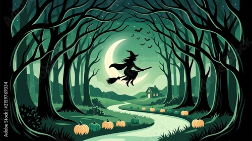 A spooky silhouette of a witch flying on a broomstick through a dark forest for halloween night celebration