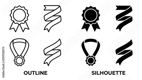 Bild auf Leinwand Award Icon Set: A collection of graphic elements featuring rosettes and ribbons in both outline and silhouette styles, perfect for representing achievement and recognition