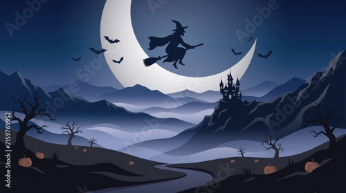 A spooky halloween night scene a witch soars across the moonlit sky with bats and a haunted landscape
