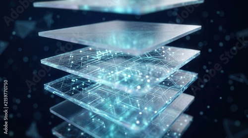 Abstract stack of shimmering digital layers featuring interconnected data points.