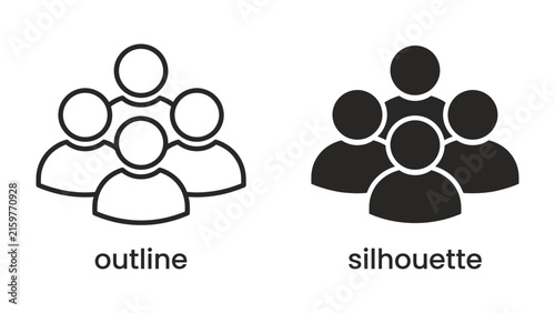 Fotografie Group of People Icons: A set of two icons representing a group of people, one in an outline style and the other as a silhouette, symbolizing community and unity