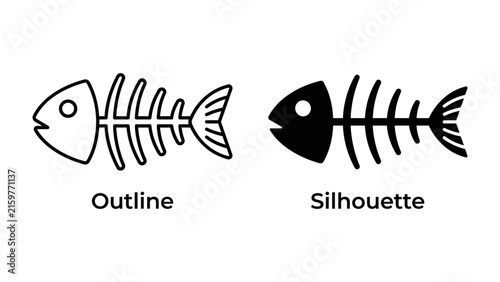 Canvas Print Fishbone Outline and Silhouette: Two representations of a fish skeleton, one in outline and the other as a solid silhouette, illustrating the bony structure of a fish