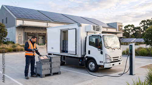 A delivery worker loading a refrigerated electric truck at a solar powered distribution warehouse.