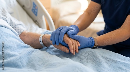 Nurse in blue gloves holding elderly patient hand in hospital for comfort