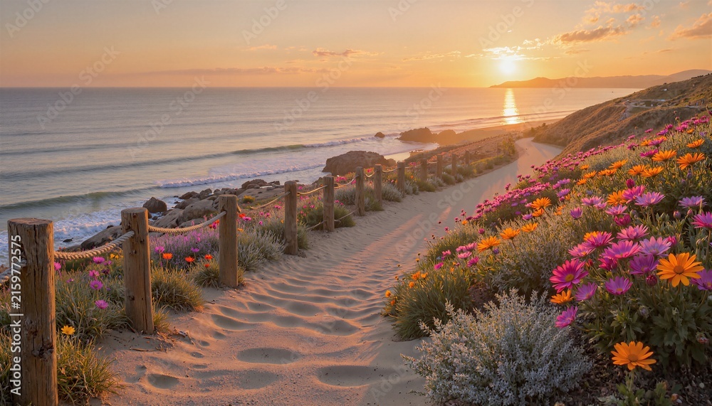 Fototapeta premium Warm golden-hour light bathes a winding sand path edged by rustic wooden post-and-rope fencing, dense blooms of pink and orange daisies