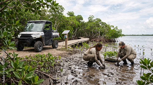 Two environmental researchers planting mangrove saplings in a coastal wetland area with a utility vehicle.
