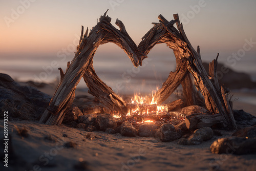 Romantic campfire heart shaped on beach generated.AI