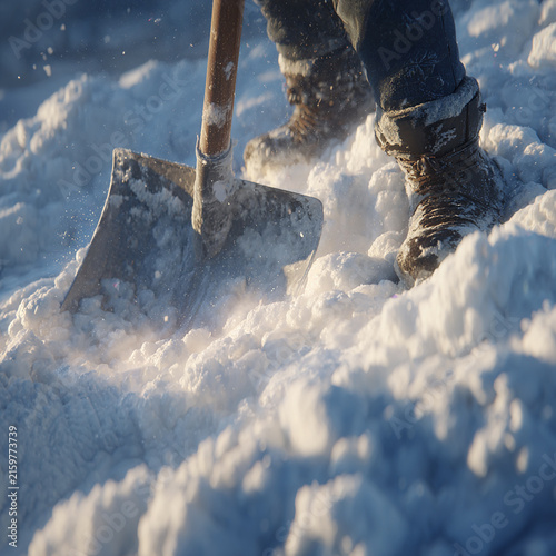Close up of hands clearing snow with shovel in winter generated.AI