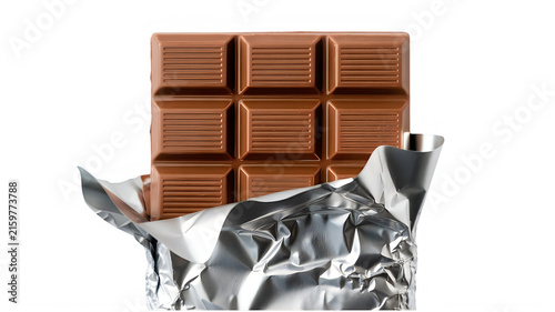 Milk chocolate bar partially unwrapped from silver foil packaging isolated on transparent background