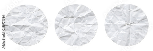 Three crumpled round white paper textures isolated on a transparent background for graphic design and web design purposes.