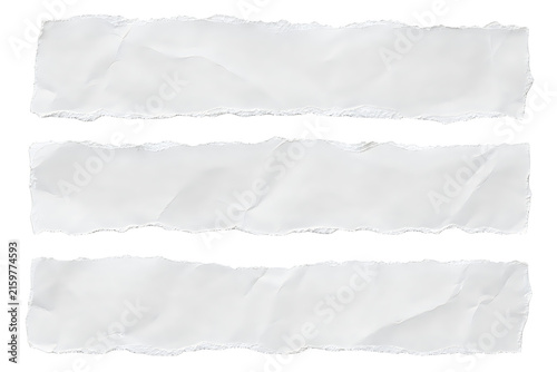 Set of three torn white paper strips with rough edges for messages and creative design elements.