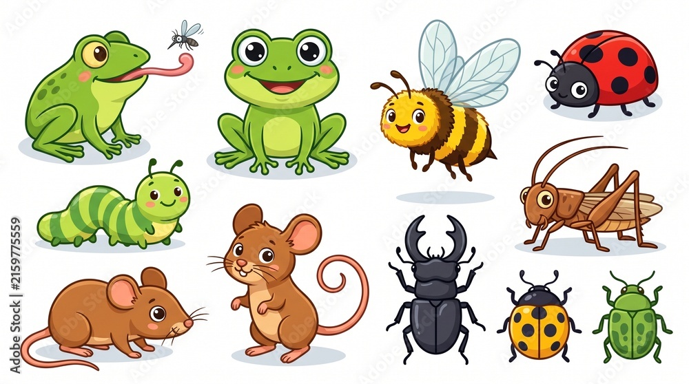 Obraz premium Cute cartoon set featuring friendly frogs, mice, a caterpillar, bee, ladybugs, grasshopper, and beetles isolated on a clean white background.