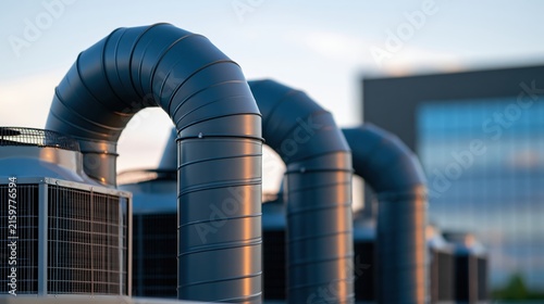 Industrial rooftop hvac ventilation systems with large metal ductwork exhaust pipes installed on commercial building structure