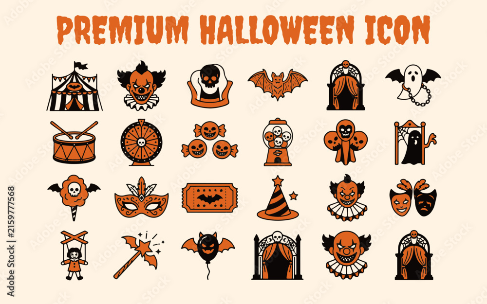 Fototapeta premium Halloween Circus and Carnival Icon Set with Creepy Clown, Carnival Tent, Bat, Ghost, Masks, Ferris Wheel, Candy, Magic Wand and Haunted Gate