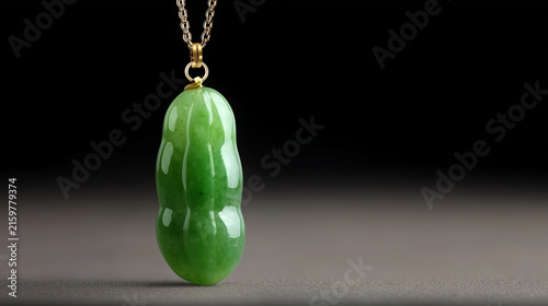 A slim green nephrite pendant formed like a seed pod against a dark backdrop.