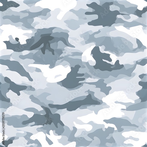 Seamless arctic camouflage textile print only, irregular abstract patches in white, light gray, icy gray, charcoal and cool blue-gray, winter military-inspired pattern.