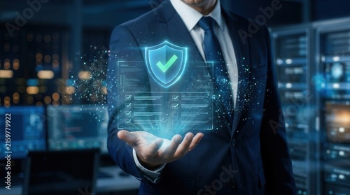 Digital verification and internet security concept with a businessman presenting a glowing shield interface.