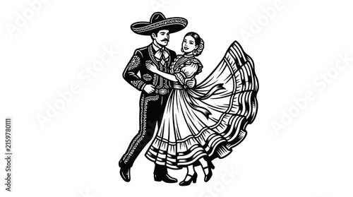Mexican couple dancing traditional jarabe tapatio illustration.
