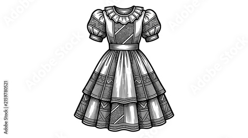 Traditional ruffled tiered folk dress illustration.