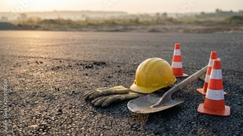 Road Construction Safety Gear With Yellow Hard Hat, Gloves and Traffic Cones