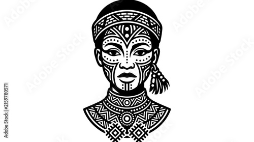 Tribal woman portrait with facial patterns and jewelry.
